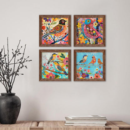 Multicolor Birds Wall Art Painting for living room, birds floral Framed painting, set of 4, 9x9 Inch