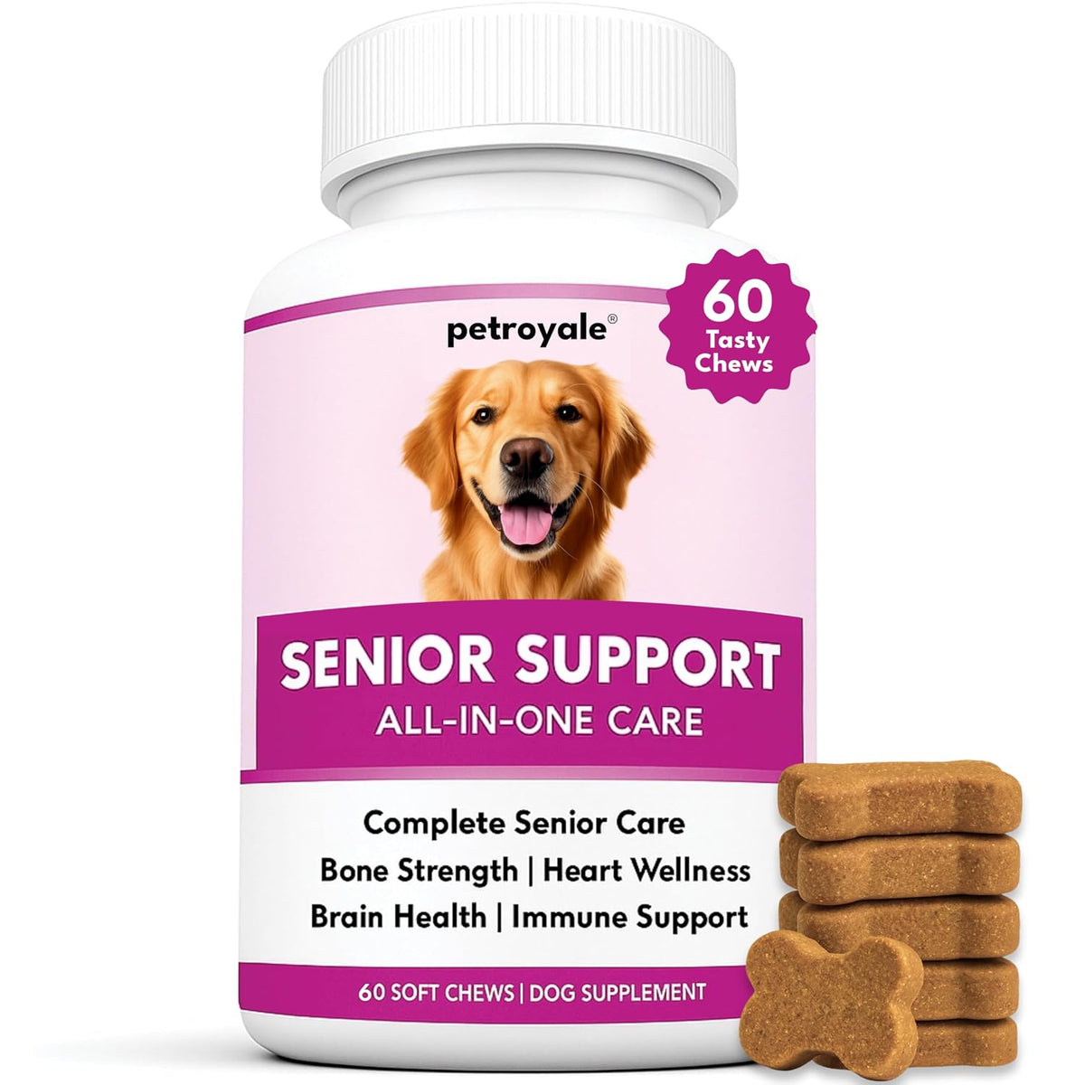 Petroyale Senior Support Dog Supplements – All-in-One Senior Dog Supplements for Mobility, Hip & Joint, Brain, Heart & Eye Health – Immune Support Vitamins (Dog Senior Support 60 Soft Chews)