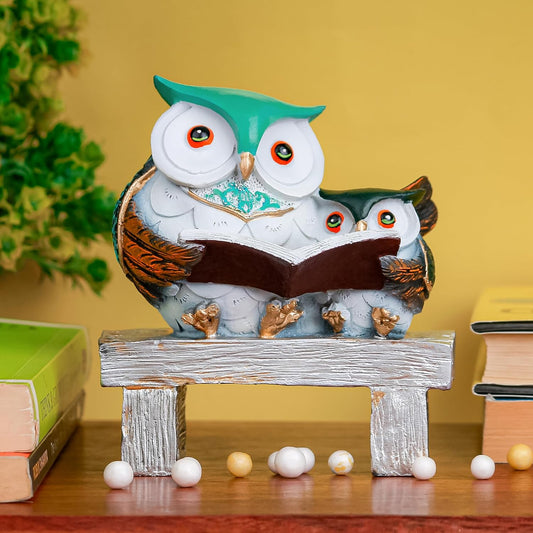 Lucky Book Reading Owls Statue Decorative Art Owls Resin Showpiece Home Decor Idols Items for Living Room Good Luck Best Gift Item Figurines for Friends (Multicolor)