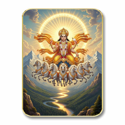 Divine Surya Dev Wall Art with Table Top Stand & Wall Hanging Hole | Premium MDF Sun God 7 Horses Vastu Painting for Living Room Office Home Decor Gift