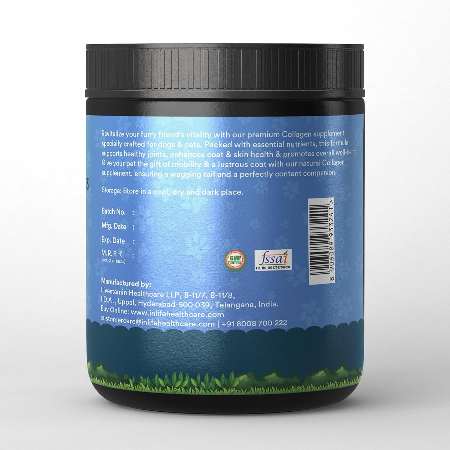 INLIFE Collagen for Dogs & Cats | Hydrolyzed Collagen Powder for Skin, Coat & Joints | Clinically Proven Ingredient with Biotin, Vitamin C, Hyaluronic Acid & Glucosamine | Pet Supplement (Blueberry)