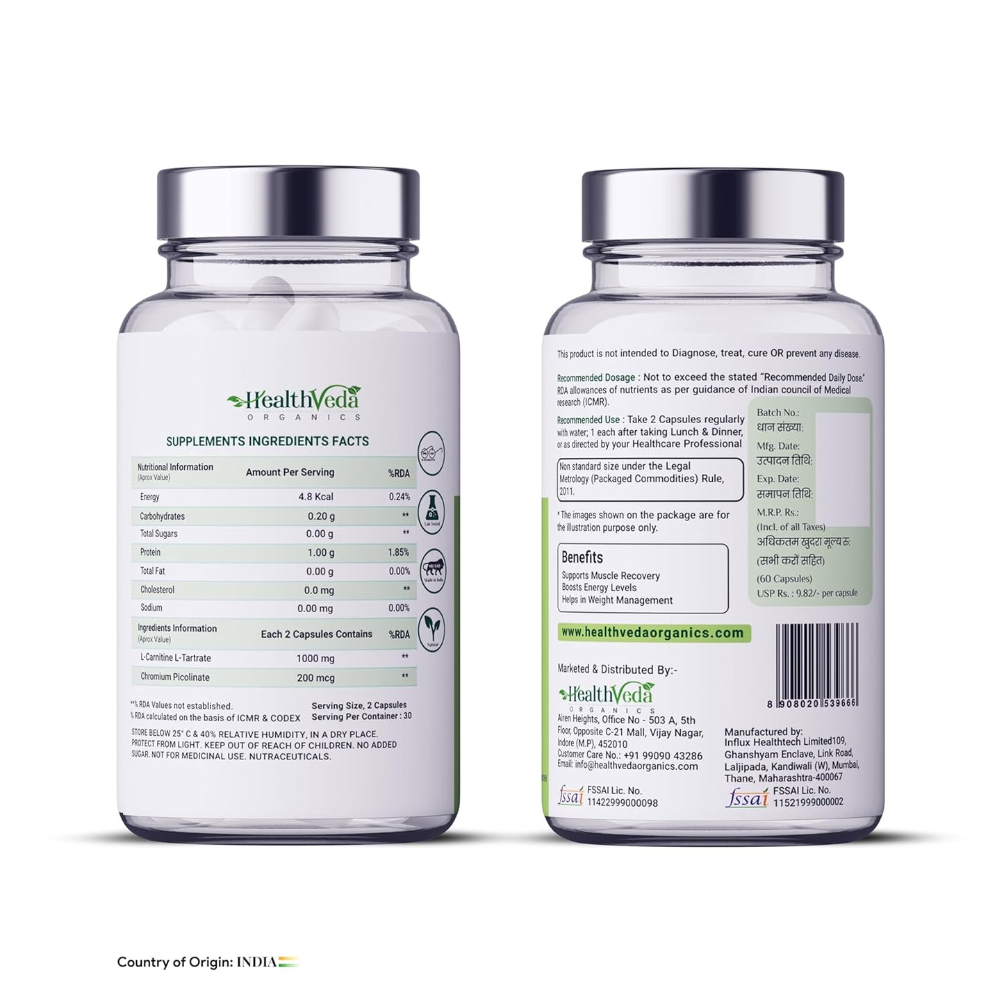 Zephivo Health Veda Organics L Carnitine L-Tartrate, 1000mg | Pre-Workout Supplements | Supports Muscle Recovery & Endurance | For Both Men & Women I 60 Veg Capsules