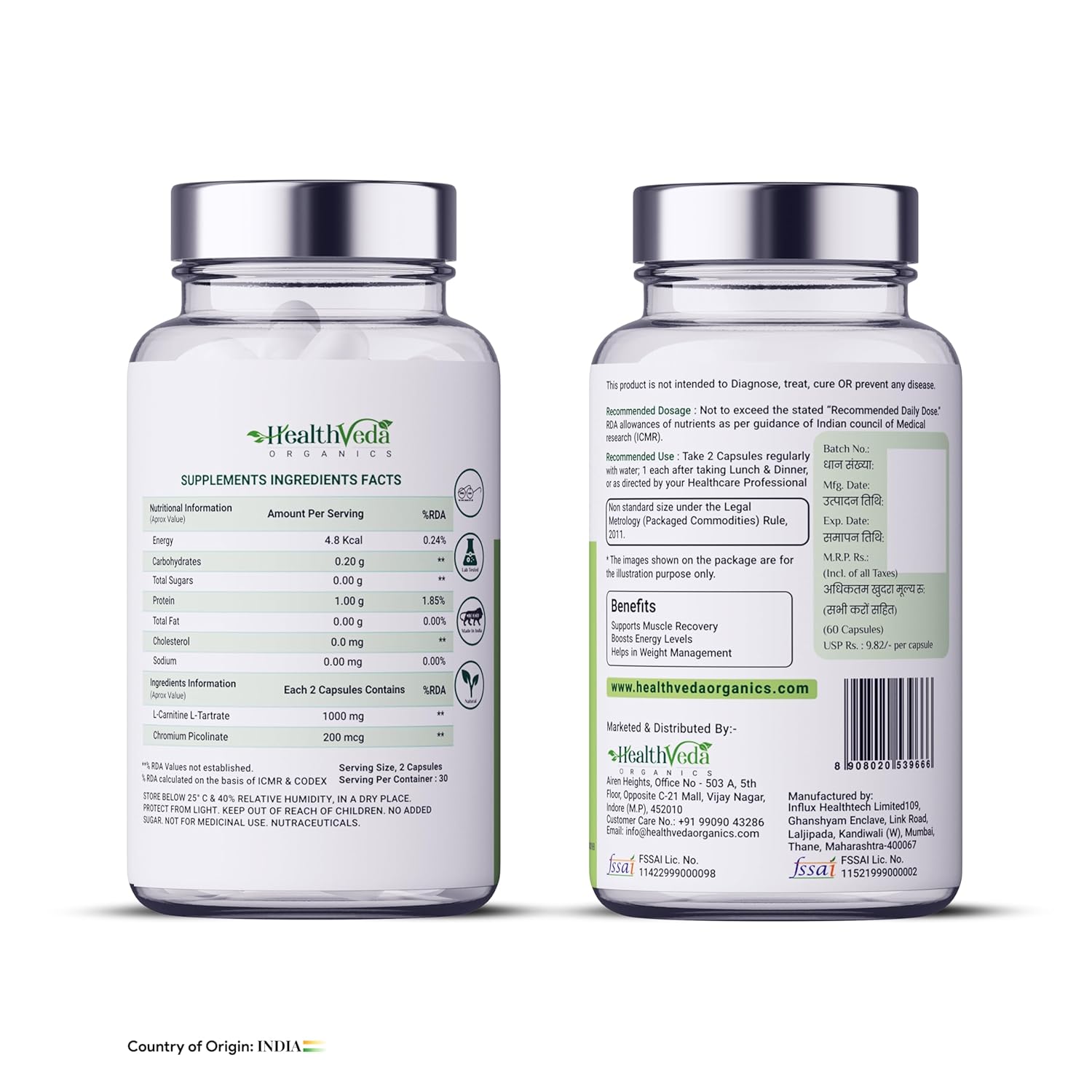Zephivo Health Veda Organics L Carnitine L-Tartrate, 1000mg | Pre-Workout Supplements | Supports Muscle Recovery & Endurance | For Both Men & Women I 60 Veg Capsules