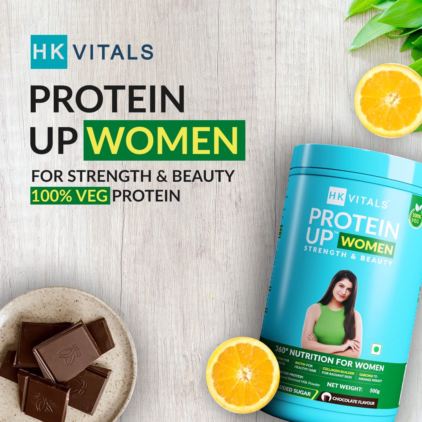 HealthKart HK Vitals ProteinUp Women (Chocolate, 500g) | Vegetarian Protein with Soy, Whey, Collagen Builder Blend, Biotin, Garcinia & Green Tea | For Strength & Beauty