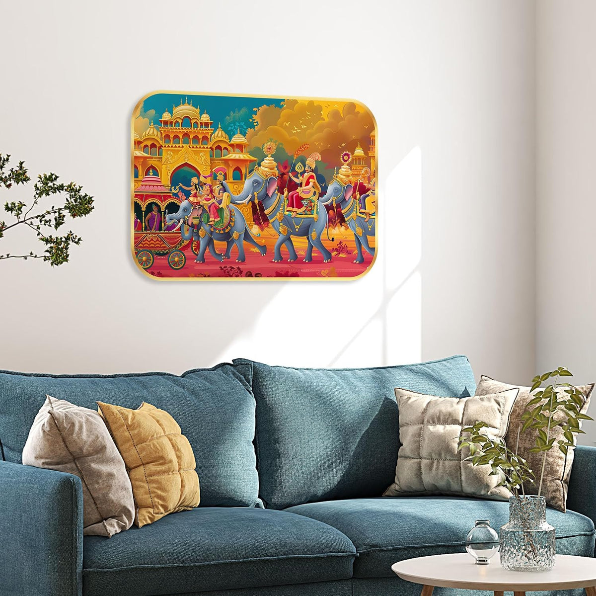 elephant modern art Premium Sparkle Lamination Finished Surface Golden Slim Frame 35 cm x 28 cm Large Size, For Home/Office/Hotel painting KG54