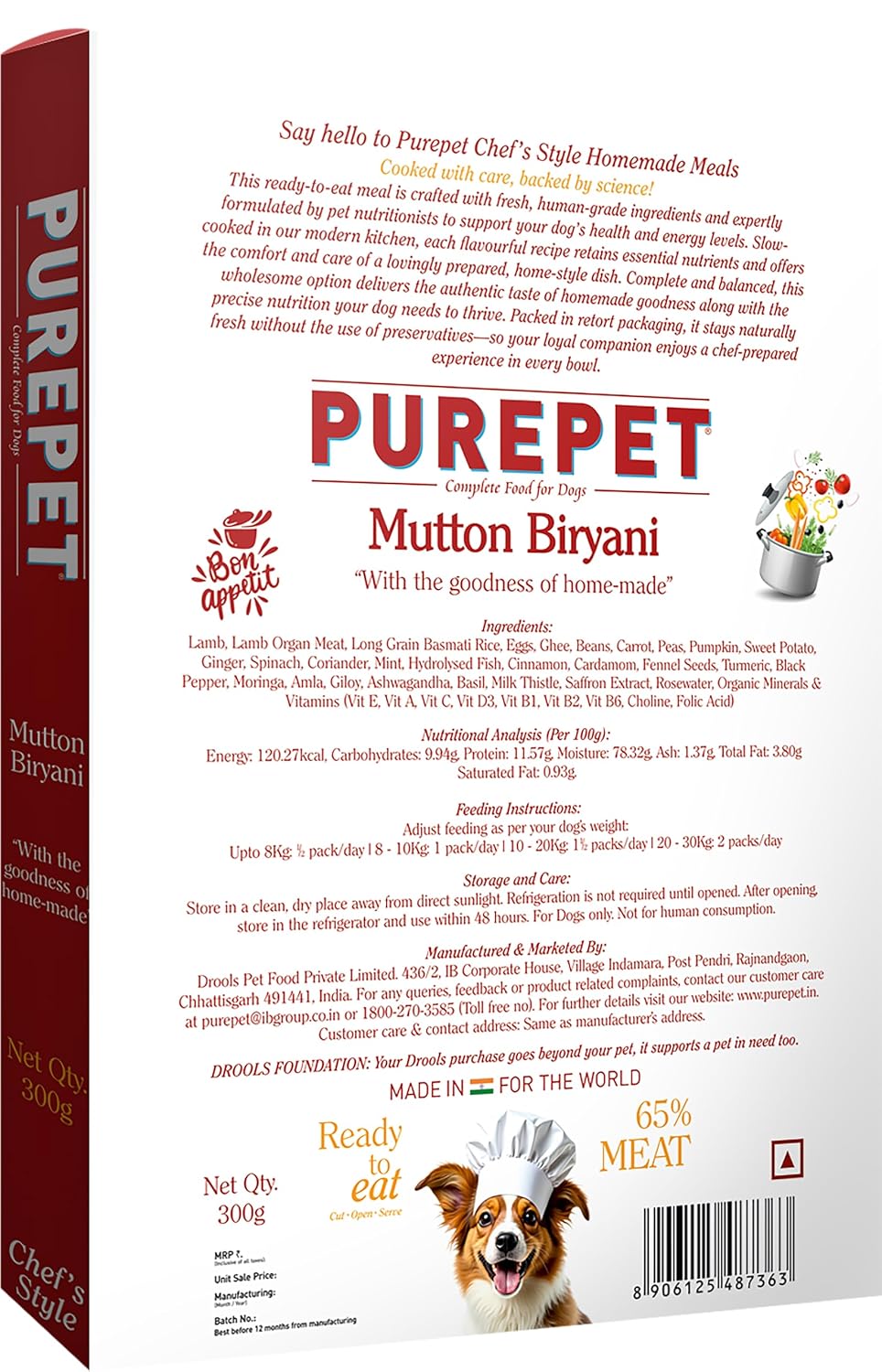 Purepet Fresh Dog Food 300g | Mutton Biryani for Adults & Puppies | High Protein, 65% Real Meat, 35% Veggies & Rice | No Preservatives | Ready to Serve | All Breeds | Single Meal Pack