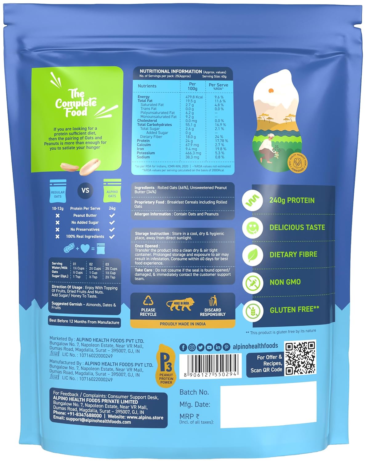 ALPINO 24% High Protein Super Rolled Oats Unsweetened 1kg - Rolled Oats & Natural Peanut Butter – 24g Protein, Source of Dietary Fibre & Healthy Fats, No Added Sugar & Salt