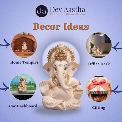 Lord Ganesha Idol for Car Dashboard, Home Decor & Pooja | Resin Gold Plated Ganpati Murti | 3.5 Inch Ganesh Statue for Gift, Diwali, Housewarming, Baby Shower, Mandir Decor, Peach Ivory,P-1