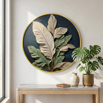 3D Textured Leaf Wall Painting with Golden PVC Frame Round Botanical Wall Art Modern Luxury Design for Living Room Bedroom Office Home Decor Elegant Gift Item (16 x 16 Inch) GRM-352