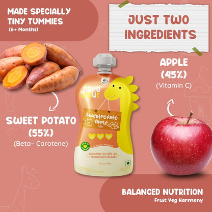 Rorosaur Ready to Eat Fruit & Veggie Baby Food Puree Pouch for 6+ Months 100g each, Pk of 2 | Made With Sweet potato & Apple Puree | 100% Natural Healthy Snack, No Preservatives, No Added Sugar