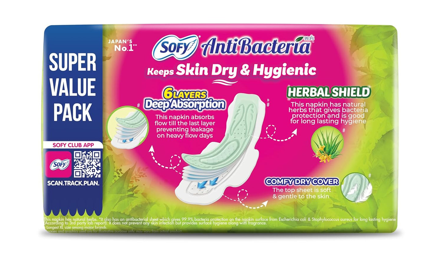 Sofy AntiBacteria XL - 290mm | 51 Count pads | For Women Sanitary Pads | Keep Skin Dry | 6 Layer Deep Absorption | Herbal Shield | Hygiene & Herbs | X-Large