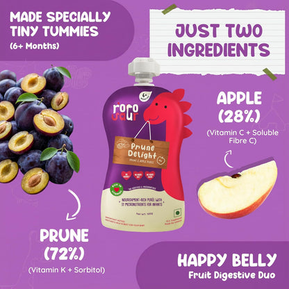 Rorosaur Baby Food Pouch | Prune Fruit Puree helps with constipation & indigestion for Baby and Toddlers,6+ Months, No more tummy problems | Ready to Eat, No Preservatives, No Added Sugar |100g each, Pk of 2