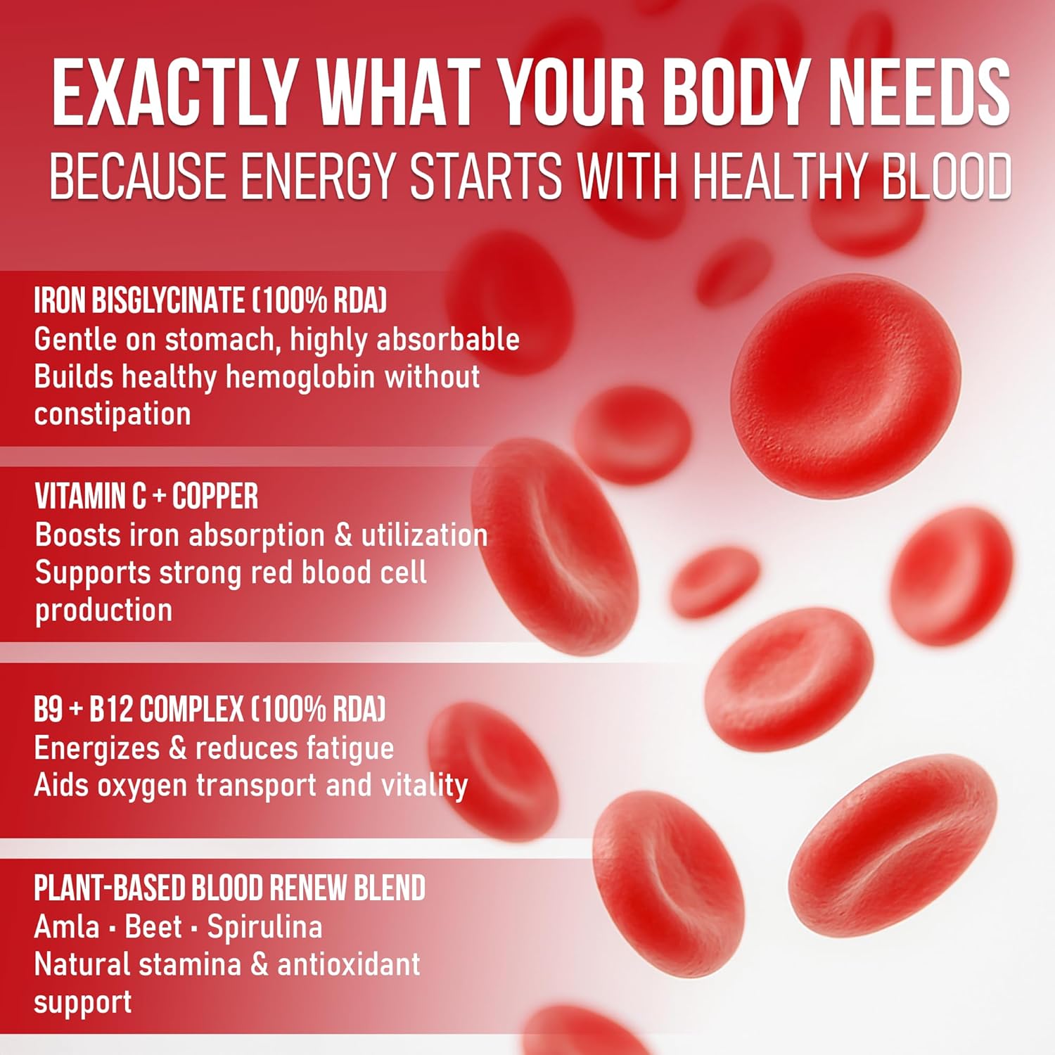Advertisement for a supplement mix with red blood cells on a red background