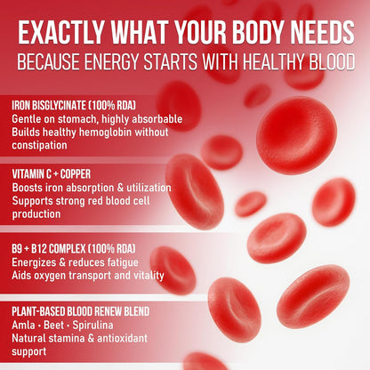 Advertisement for a supplement mix with red blood cells on a red background