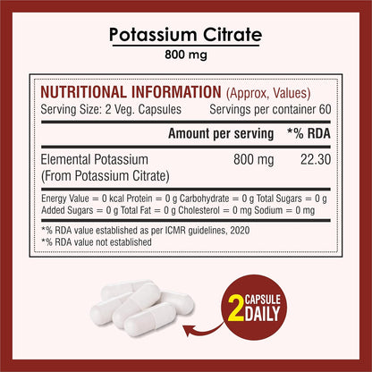 Biotrex Nutraceuticals Potassium Citrate 800mg supplement, Healthy Bone & Joint Health, Supports Healthy Nerve Health - 120 Vegetarian Capsules