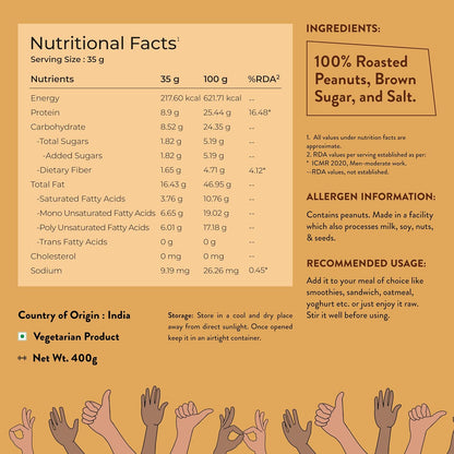 Nutritional facts and ingredients label for a product with hands holding a small object on a yellow background.