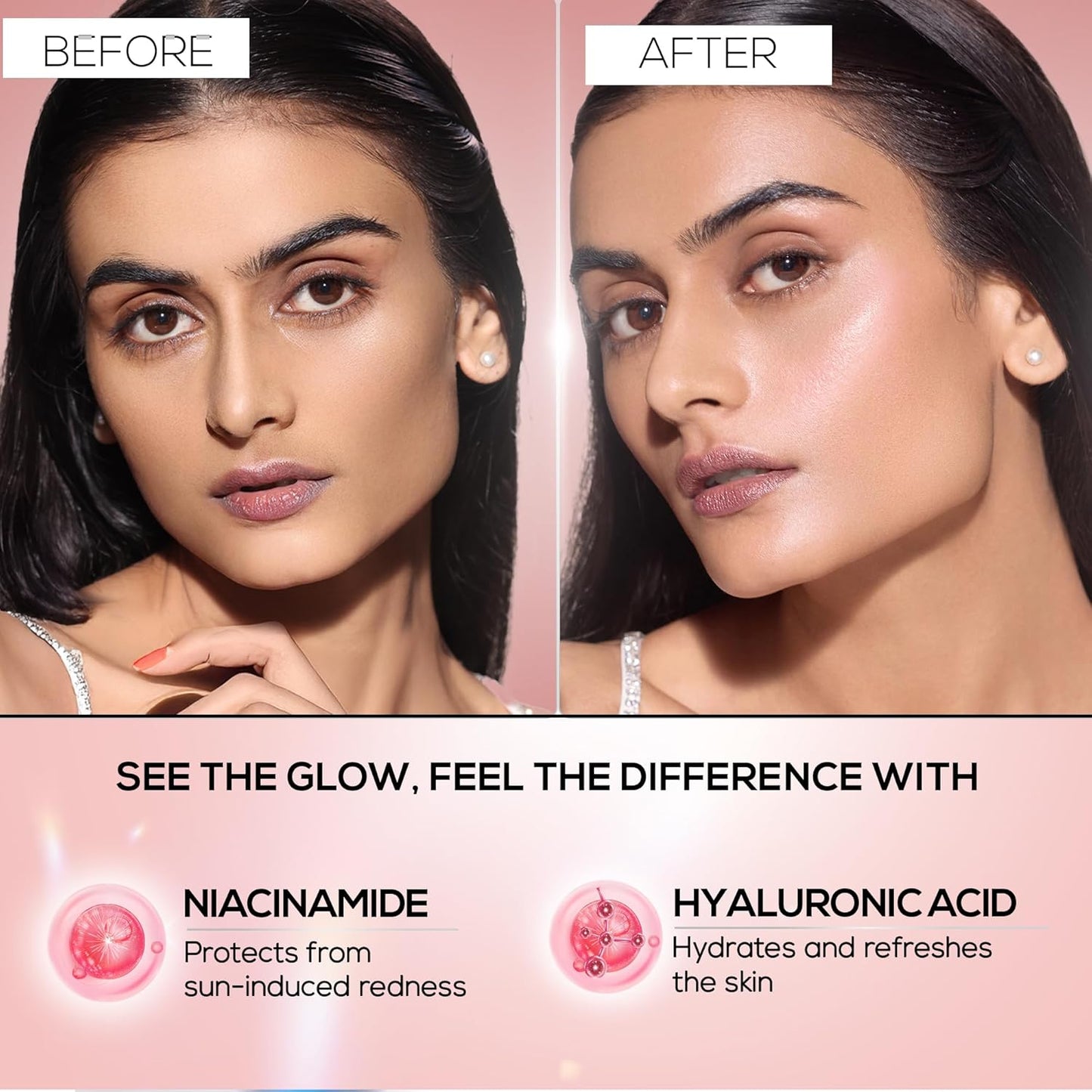 Before and after comparison of a woman's face with text highlighting niacinamide and hyaluronic acid benefits on a pink background.