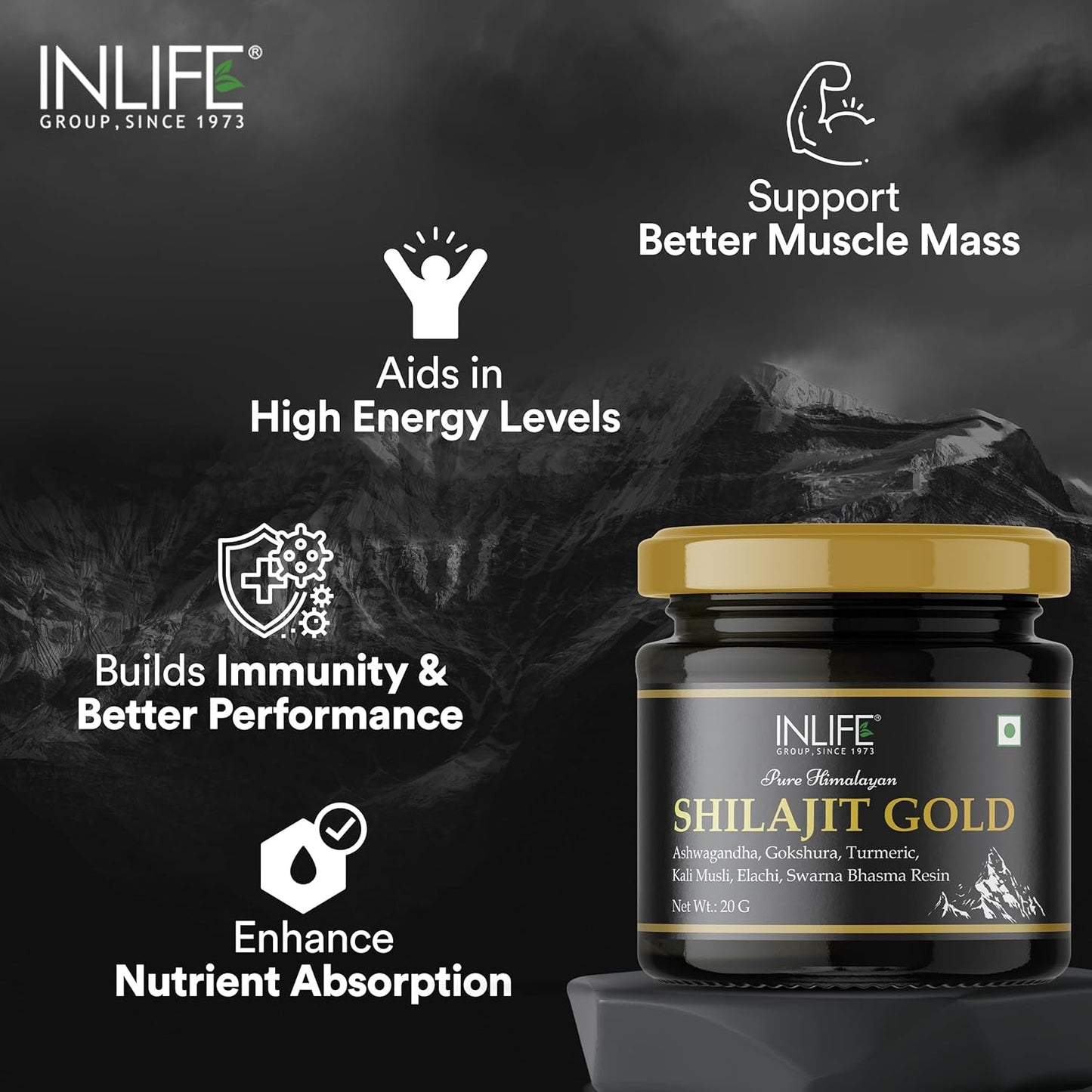 INLIFE Shilajit Gold 20g | Original Himalayan Shilajit Resin with Ashwagandha, Tribulus, Turmeric, Kali Musli for Strength, Endurance & Stamina | 75% Fulvic Acid | Lab Tested Ayurvedic Supplement