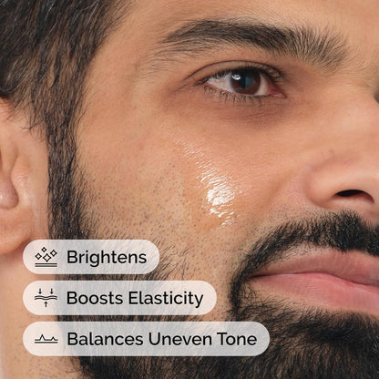 Close-up of a man's face with text indicating skin benefits