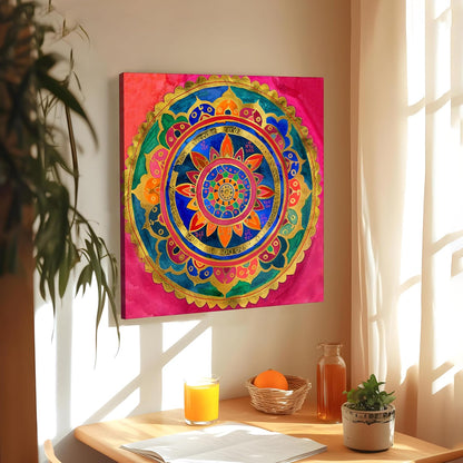 Abstract Mandala Art Stretched Canvas Painting for Living Room | Bohemian Mandala Pattern Wall Décor Art For Livingroom, Bedroom, Office, Hallways - 16x16 Inch