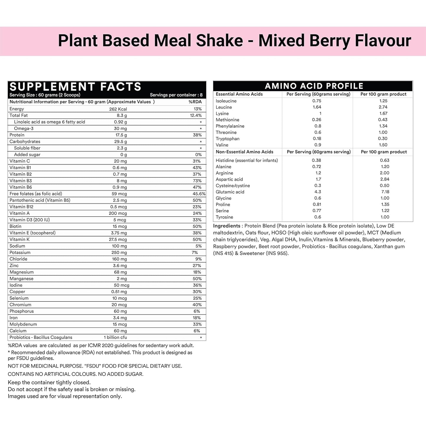 INLIFE Plant Based Meal Replacement Shake | Plant Protein Powder (17.5 Protein) No added Sugar, Lactose Free | Added Probiotics, 500g (Mixed Berry)