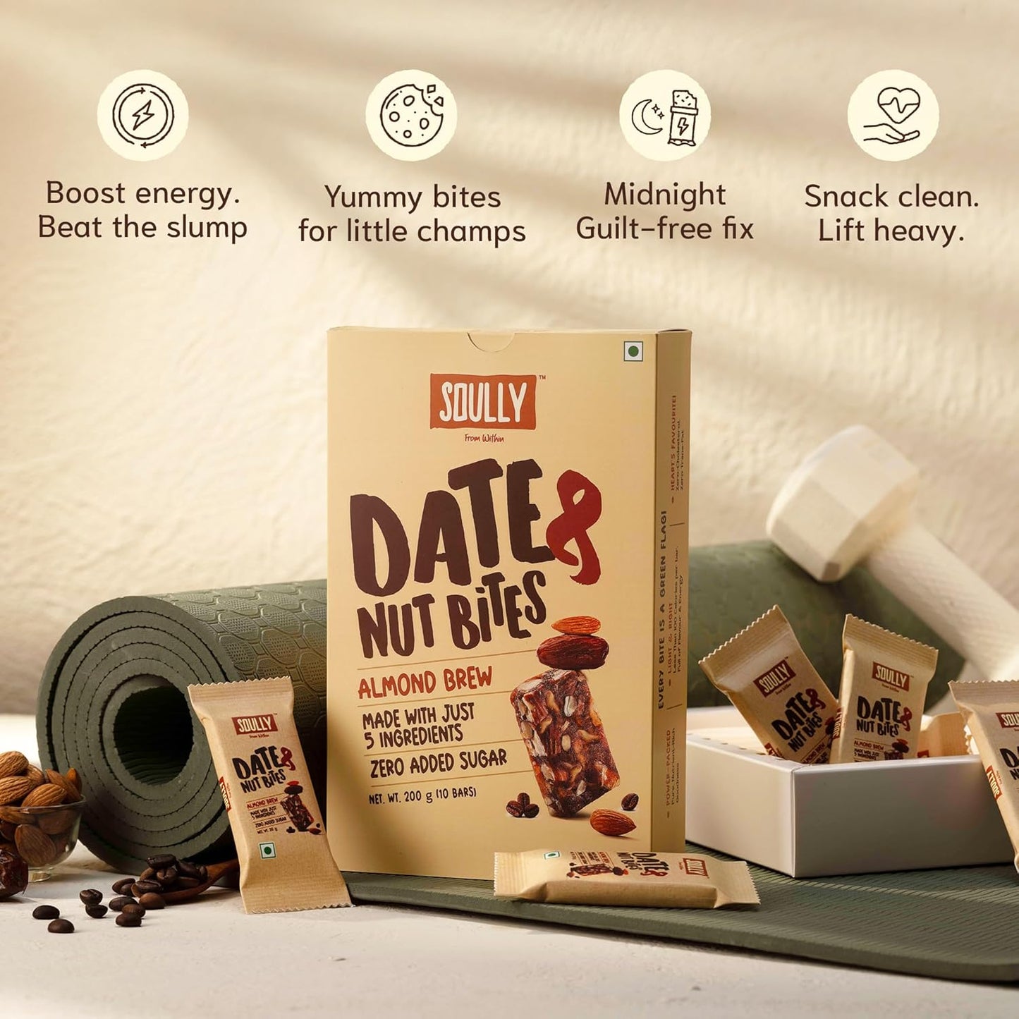 SOULLY Almond Brew Date & Nut Mini Energy Bars 200g (10 Bars x 20g) | Whole Dates, Roasted Almonds, Real Coffee & Pure Cow Ghee | Just 93 Calories Per Bar | No Added Sugar | No Preservatives | For Coffee Lovers