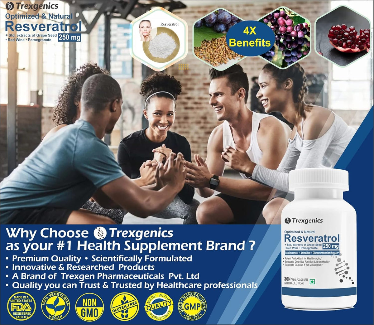 Advertisement for Trexegenics Resveratrol health supplement with people exercising in the background