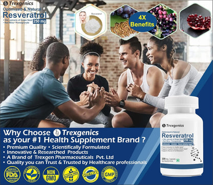 Advertisement for Trexegenics Resveratrol health supplement with people exercising in the background