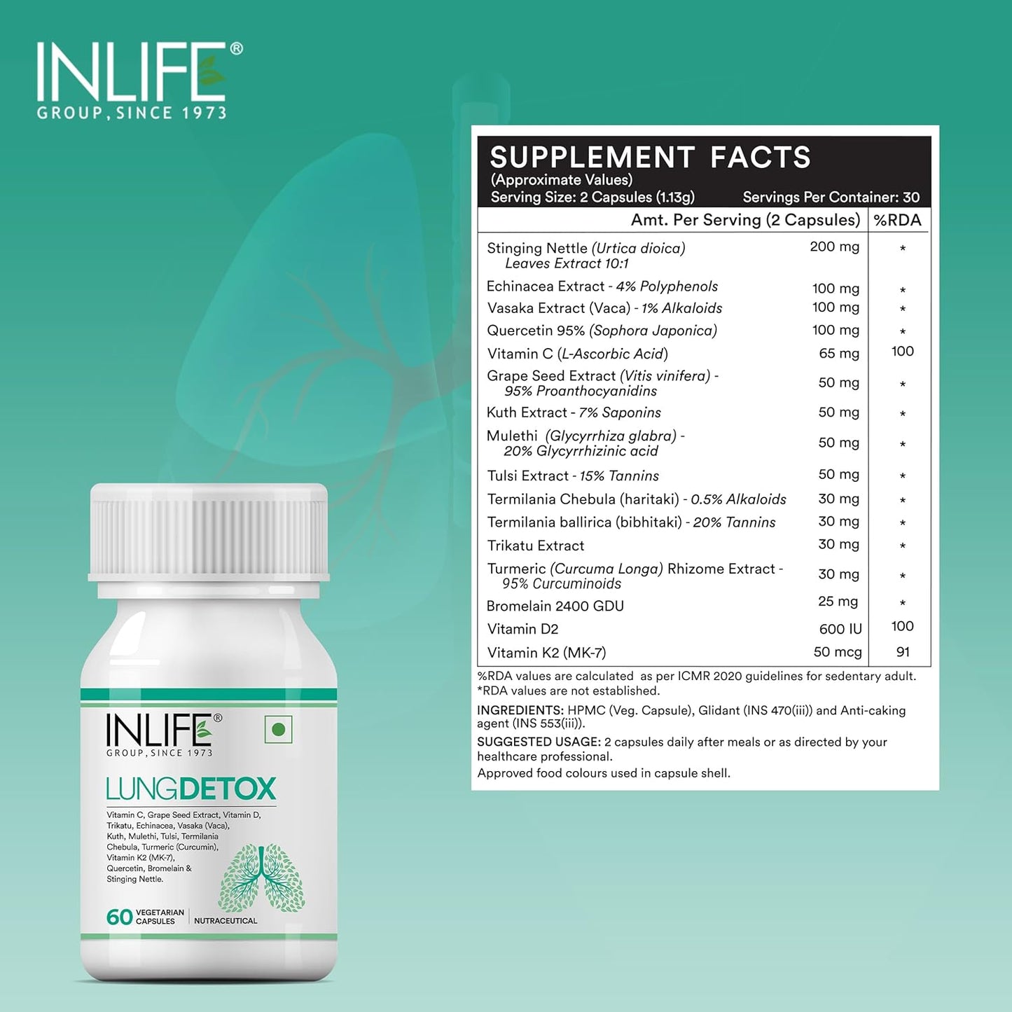 INLIFE Lung Detox Supplement | Stinging Nettle, Echinacea, Quercetin, Mulethi, Curcumin, Bromelain | Supports Healthy Lungs - 60 Vegetarian Capsules (Pack of 1, 60)