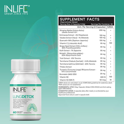 INLIFE Lung Detox Supplement | Stinging Nettle, Echinacea, Quercetin, Mulethi, Curcumin, Bromelain | Supports Healthy Lungs - 60 Vegetarian Capsules (Pack of 1, 60)