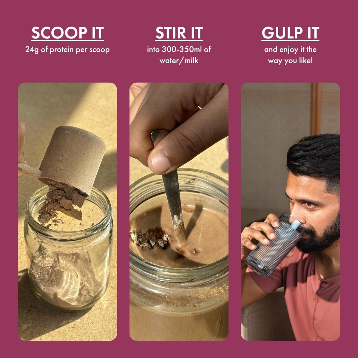 Instructions for preparing a protein shake with images of scooping, stirring, and drinking.