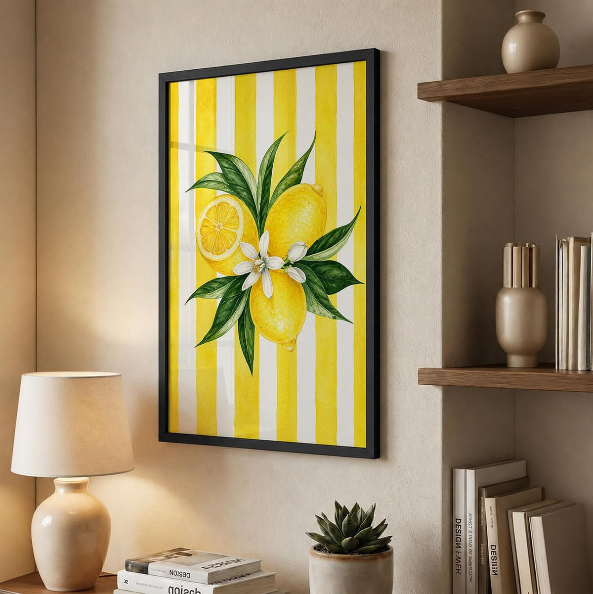 Lemon Wall Art Framed Painting for Home Decor, Citrus Fruit Botanical Artwork Wall Decor for Living Room Bedroom Kitchen Dining Room, Yellow Retro Aesthetic Room Decoration (DGN07-Black10x13 inch)