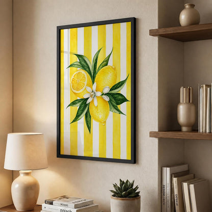 Lemon Wall Art Framed Painting for Home Decor, Citrus Fruit Botanical Artwork Wall Decor for Living Room Bedroom Kitchen Dining Room, Yellow Retro Aesthetic Room Decoration (DGN07-Black10x13 inch)