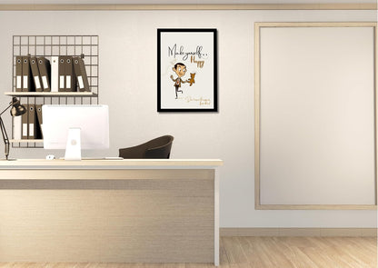 Make Yourself Happy Wall Art Frame | Positive Quote Artwork with Cartoon Man & Teddy | Self Happiness Motivational Poster | Ready to Hang Frame for Bedroom Living Room & Office Decor