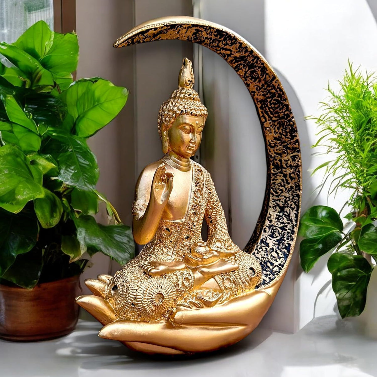 Big Meditating Moon Buddha Statue Showpiece Gold Finish | Spiritual Home Decor Idol for Living Room Meditation Table Office Shelf | Peaceful Zen Figurine Gift for Home Temple