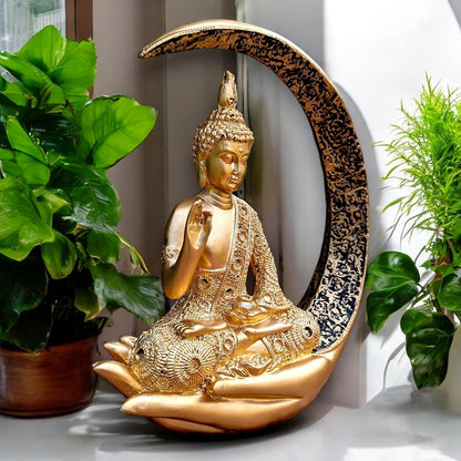 Big Meditating Moon Buddha Statue Showpiece Gold Finish | Spiritual Home Decor Idol for Living Room Meditation Table Office Shelf | Peaceful Zen Figurine Gift for Home Temple