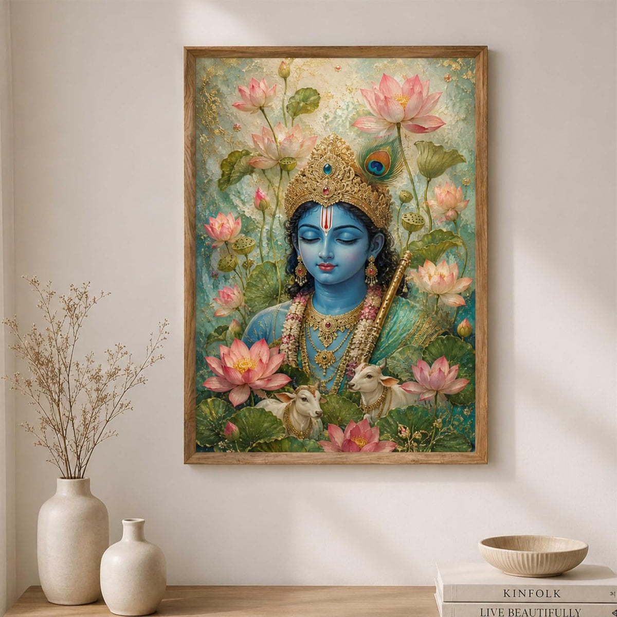 Lord Krishna Lotus Cow Wall Painting for Living Room Bedroom Hall Office Decor, Devotional Artwork with Sparkle Laminate and Wooden Synthetic Frame (13.5 x 19.5 Inch) NM01-4092
