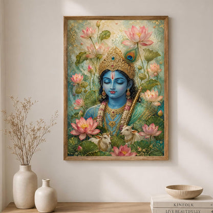 Lord Krishna Lotus Cow Wall Painting for Living Room Bedroom Hall Office Decor, Devotional Artwork with Sparkle Laminate and Wooden Synthetic Frame (13.5 x 19.5 Inch) NM01-4092