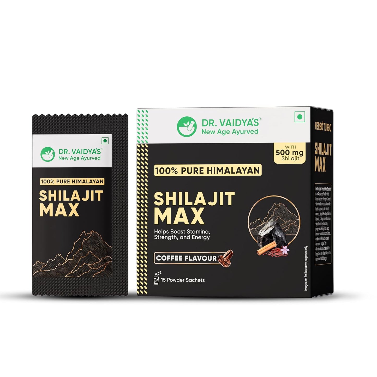 Dr. Vaidya's Shilajit Max|For Stamina On the Go|Boosts Strength & Energy levels|500 mg of 100% Pure Himalayan Shilajit In Coffee Flavour,Pippali,Dalchini,Ela & Saffron |15 Powder Sachets (Pack 1)