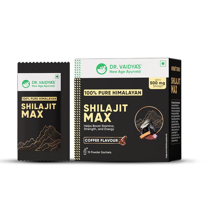 Dr. Vaidya's Shilajit Max|For Stamina On the Go|Boosts Strength & Energy levels|500 mg of 100% Pure Himalayan Shilajit In Coffee Flavour,Pippali,Dalchini,Ela & Saffron |15 Powder Sachets (Pack 1)