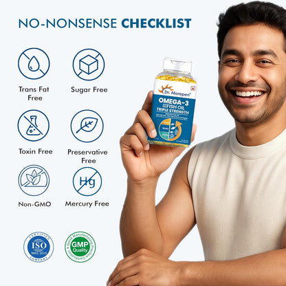 Dr. Morepen Omega-3 Fish Oil | 1250mg Triple Strength Fish Oil Softgel Capsules (450mg EPA & 300mg DHA) | For Joint & Heart Health (60 Capsules)