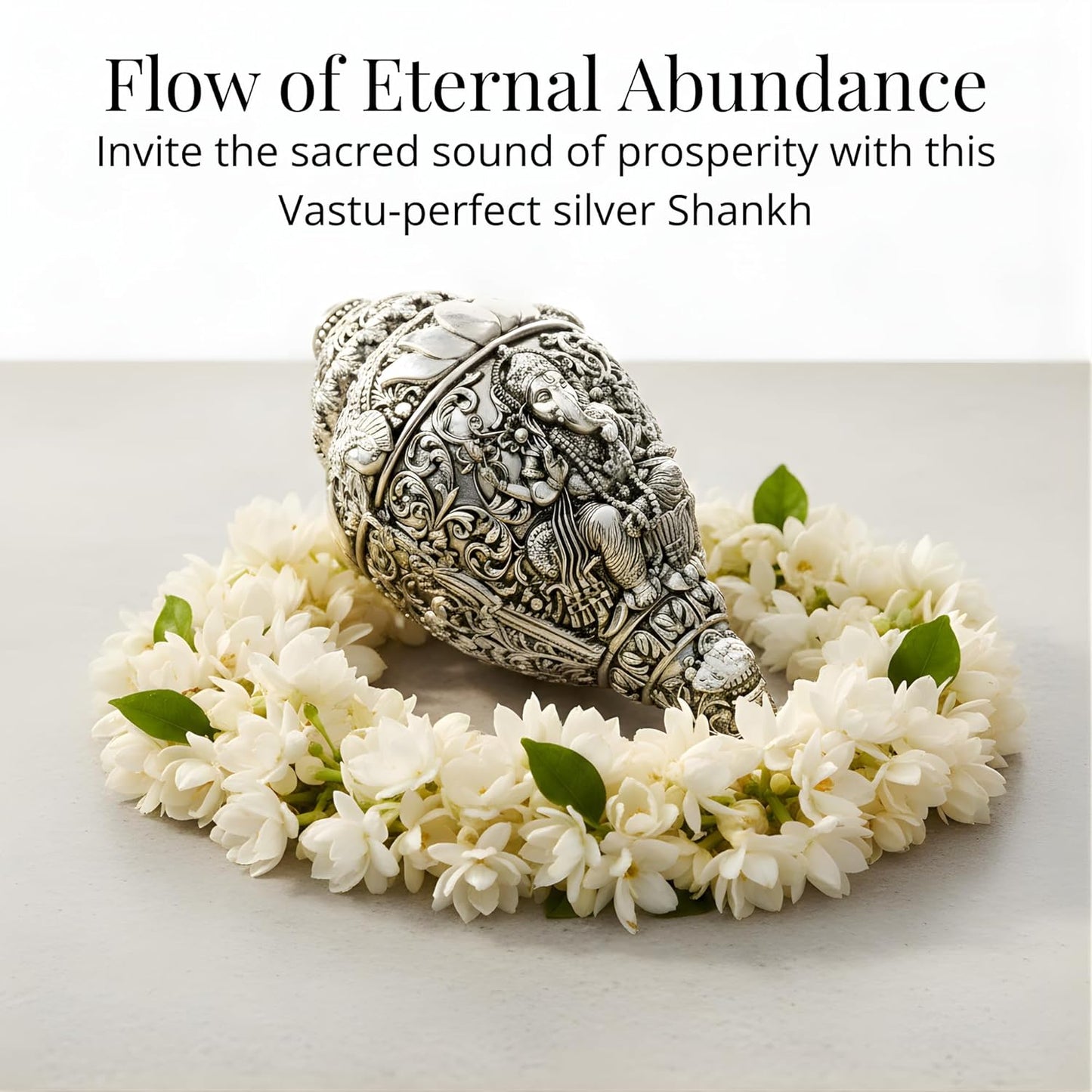 Dev Aastha 999 Pure Silver Plated Ganesh Shankh | 6 Inch Grand Vastu Showpiece for Success & Wealth | Sacred Conch Shell Idol for Home Temple & Altar