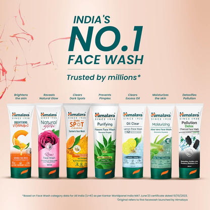 Himalaya skincare products with text highlighting 'India's No.1 Face Wash' and benefits.