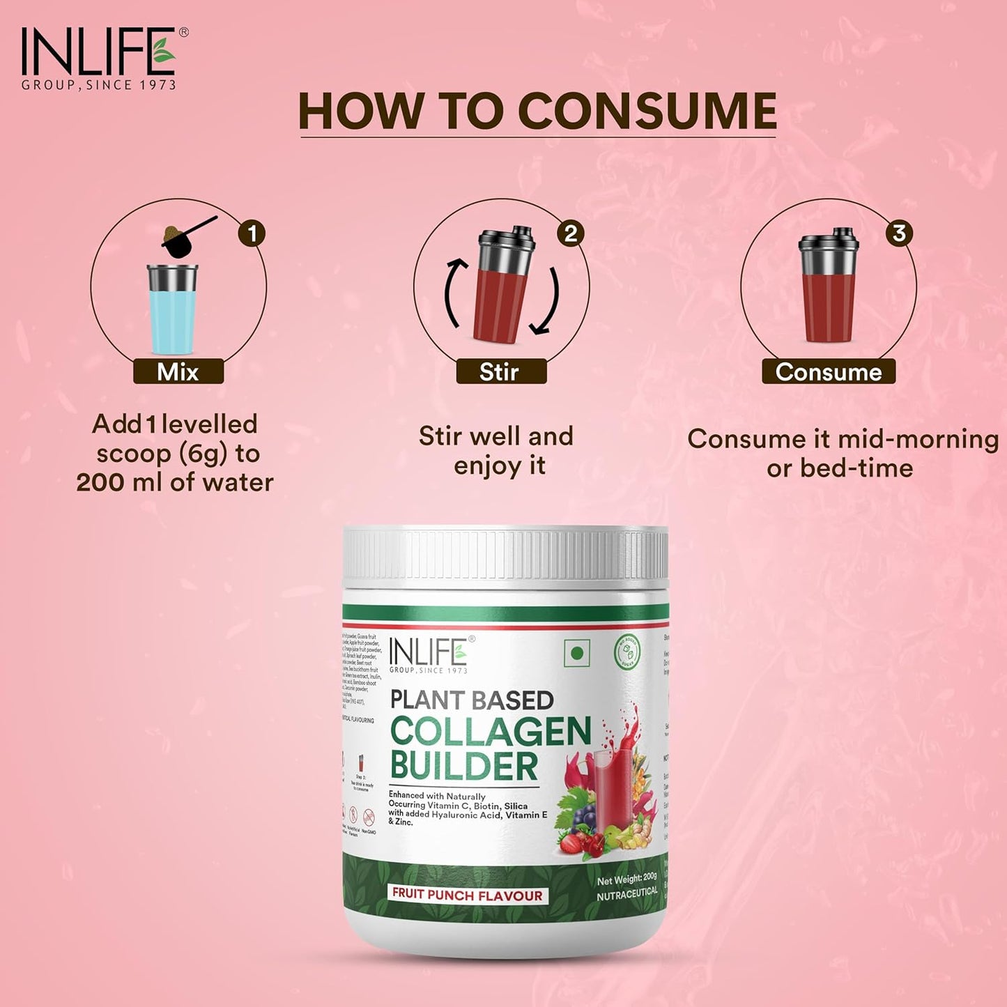 INLIFE Collagen Builder Supplements For Women and Men | Plant Based Collagen Powder for Skin & Hair with Biotin from Sesbania, Vitamin C, Silica, Hyaluronic Acid, Vitamin E, 200g (Fruit Punch)