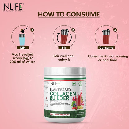 INLIFE Collagen Builder Supplements For Women and Men | Plant Based Collagen Powder for Skin & Hair with Biotin from Sesbania, Vitamin C, Silica, Hyaluronic Acid, Vitamin E, 200g (Fruit Punch)