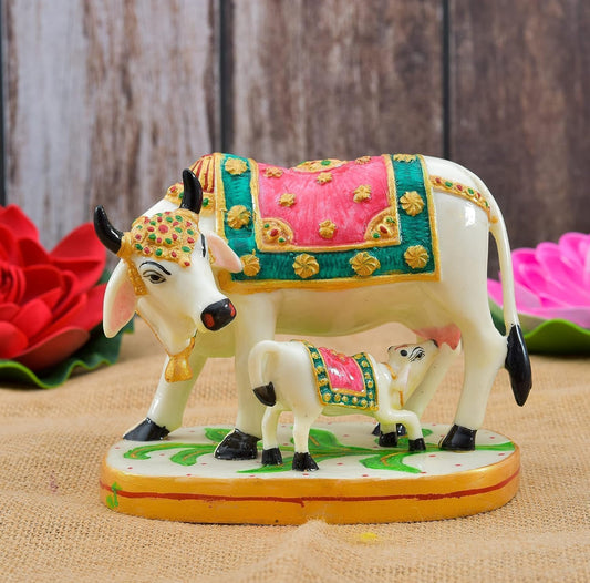 Artyog Calf Statue in Marble Dust, 9CM Holy COWw Idol, Showpiece for Home Decor, Handmade Divine COWw, Mother COWw with Baby Calf, kamdhenu (Pink)