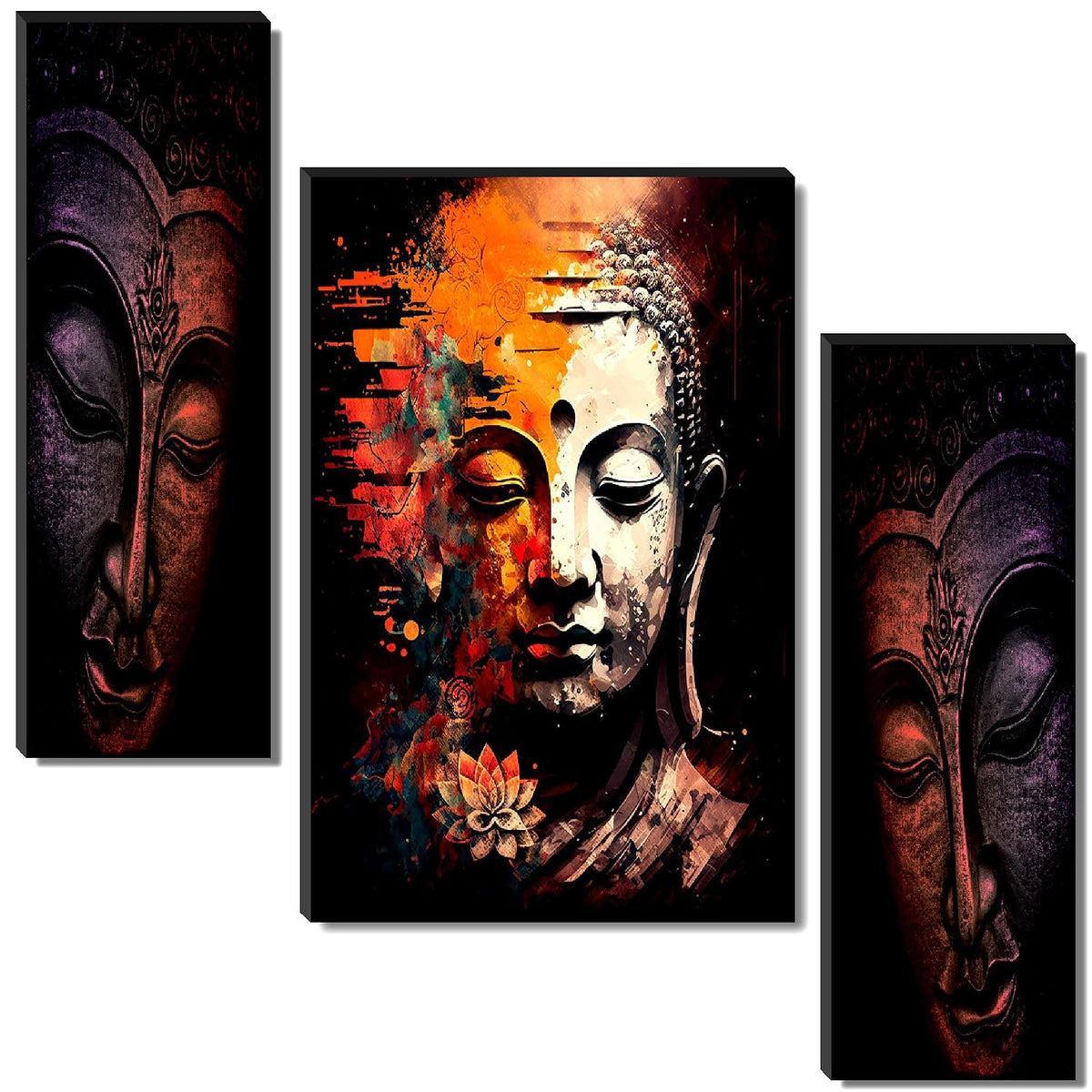 Buddha Face with Lotus Abstract Wall Art – 3-Panel UV-Printed Zen Triptych | Ready-to-Hang Spiritual Meditation Décor for Home & Office (20 Inch x 12 Inch) JM-35304