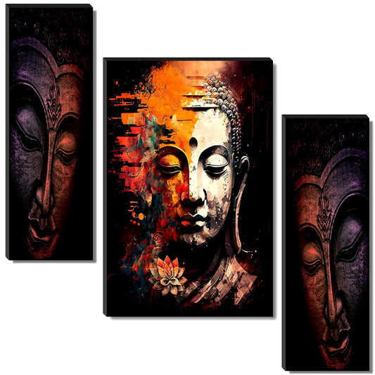 Buddha Face with Lotus Abstract Wall Art – 3-Panel UV-Printed Zen Triptych | Ready-to-Hang Spiritual Meditation Décor for Home & Office (20 Inch x 12 Inch) JM-35304