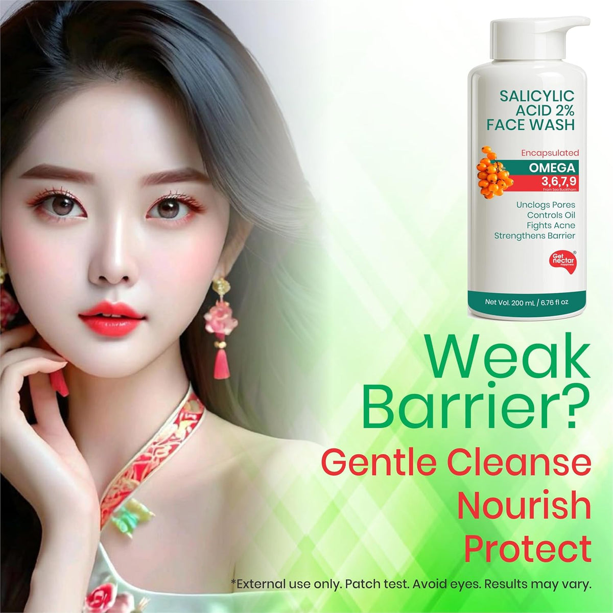Woman with a bottle of Salicylic Acid Face Wash and promotional text on a light background