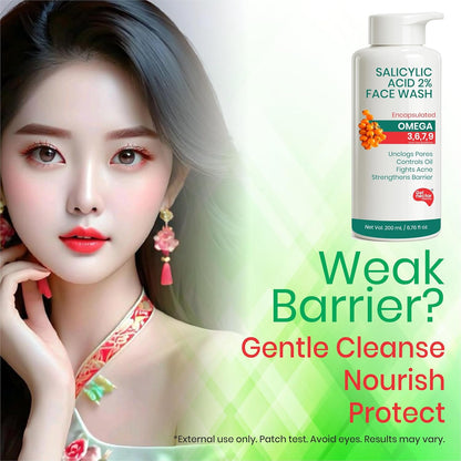 Woman with a bottle of Salicylic Acid Face Wash and promotional text on a light background